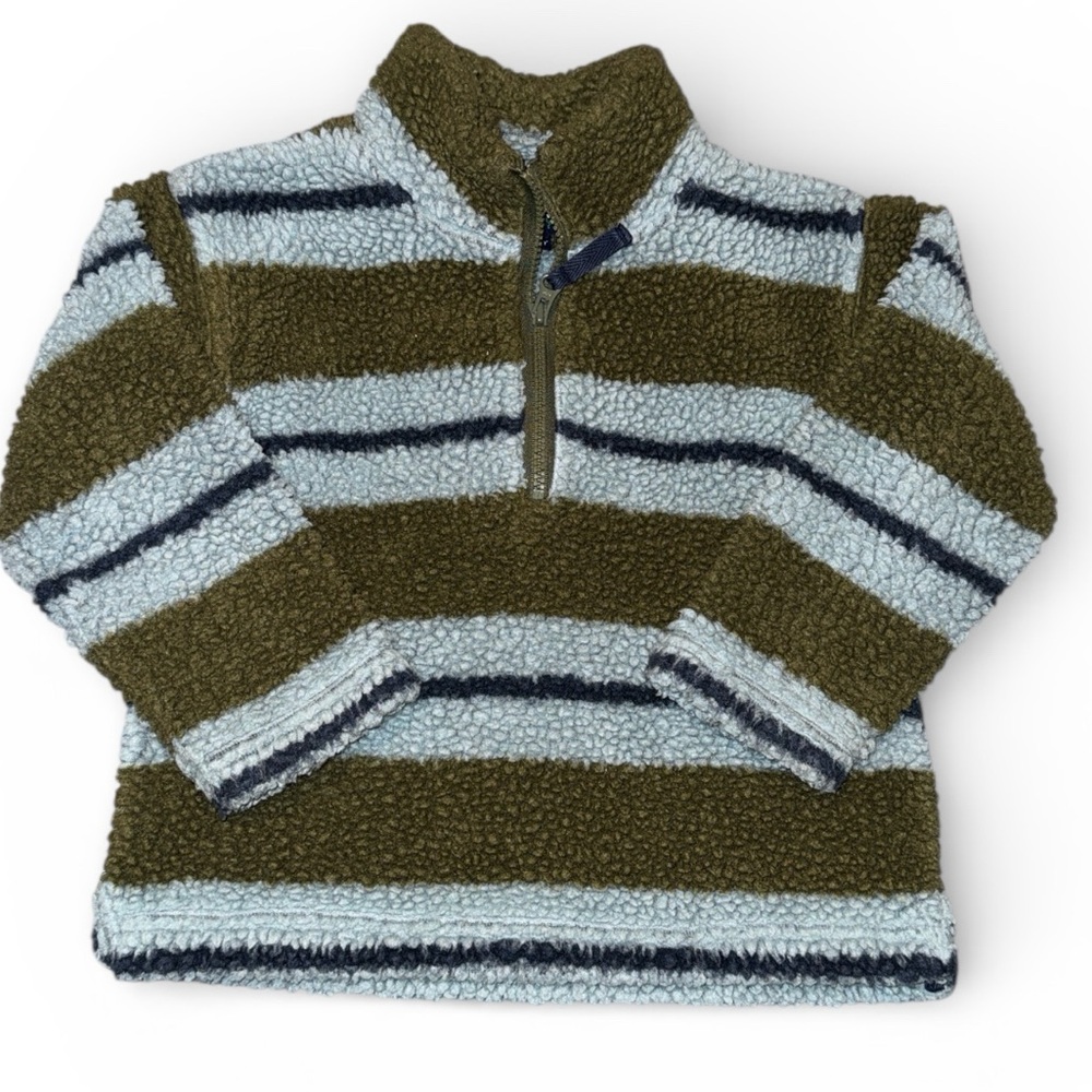 Mini Boden Olive & Blue Teddy Fleece Quarter Zip Pullover 3–4Y Stripe Sherpa